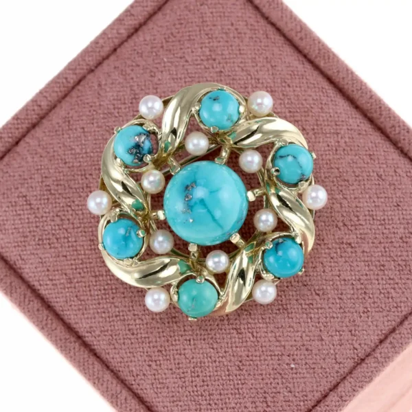 Złota broszka z turkusami i perełkami - 14K